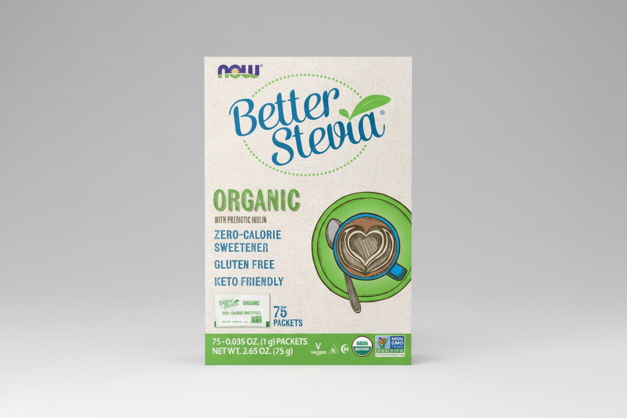 Box of Better Stevia organic sweetener with a coffee illustration on a white background