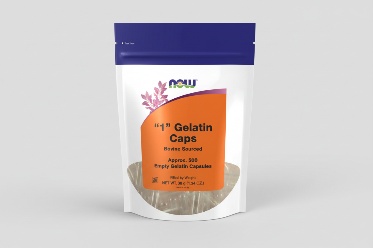 Package of NOW Foods 1" Gelatin Caps with orange label on white background