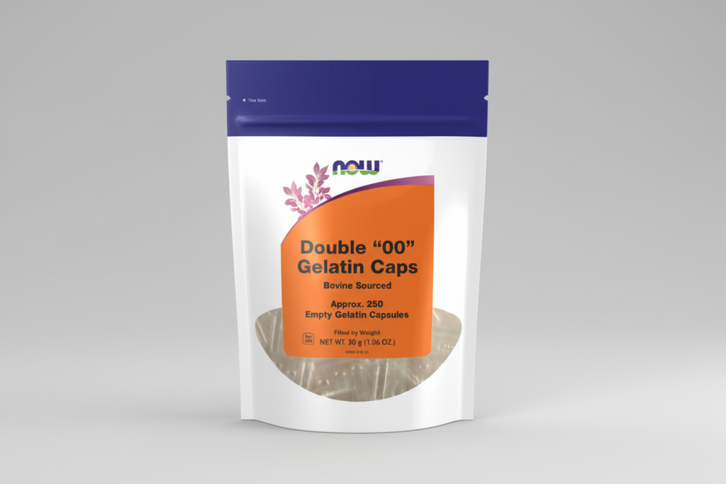 Package of Double '00' Gelatin Caps with NOW brand on a white background