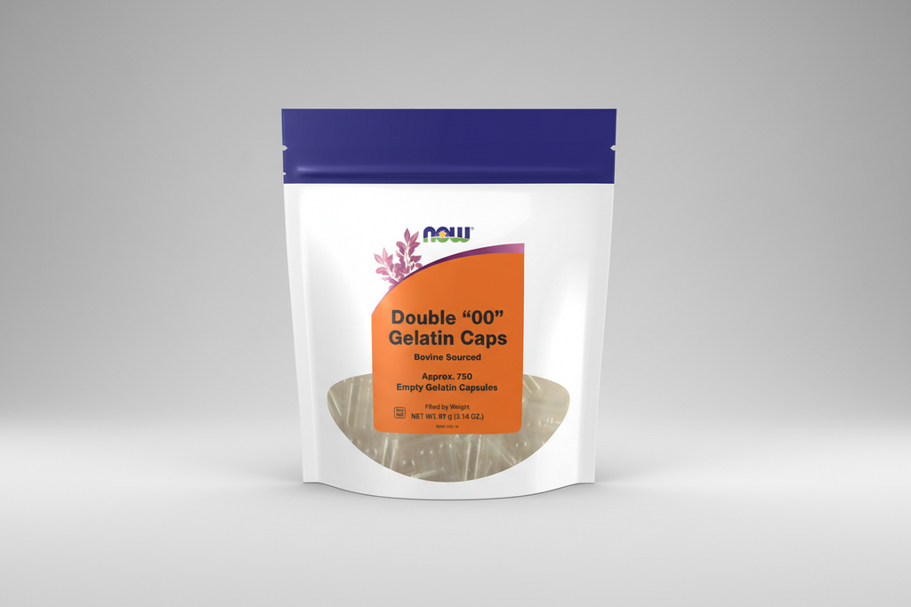 Package of Double '00' Gelatin Caps with NOW brand label on a white background