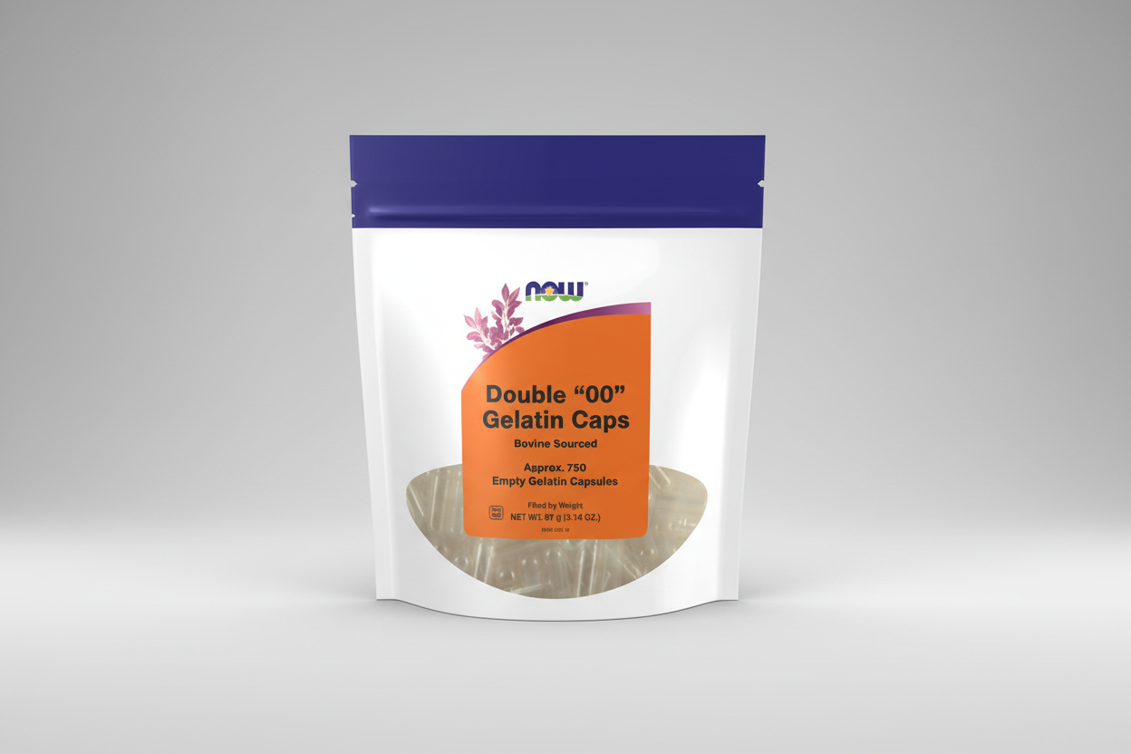 Package of Double '00' Gelatin Caps with NOW brand label on a white background