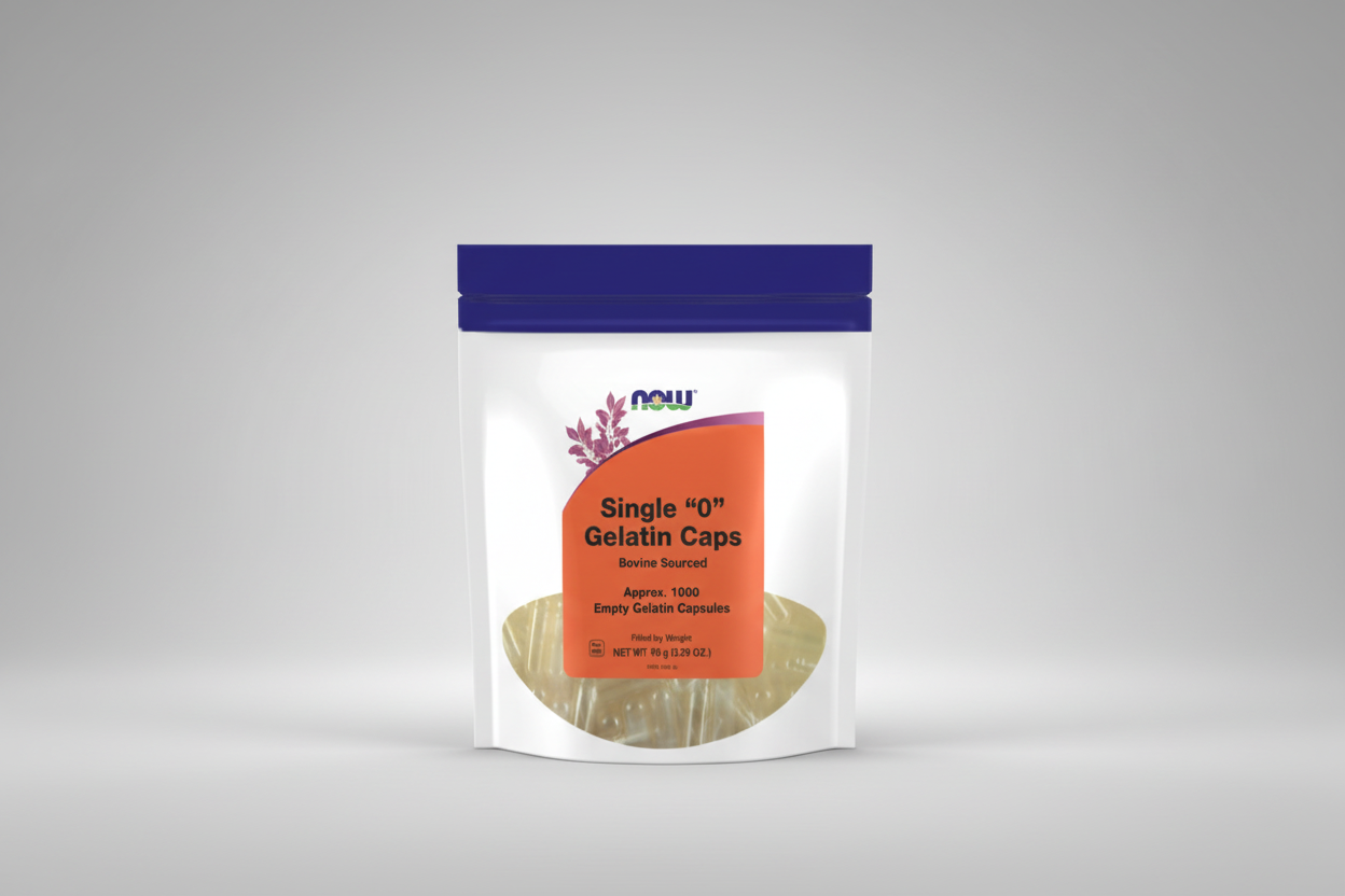 Package of Single '0' Gelatin Caps with NOW brand on a white background