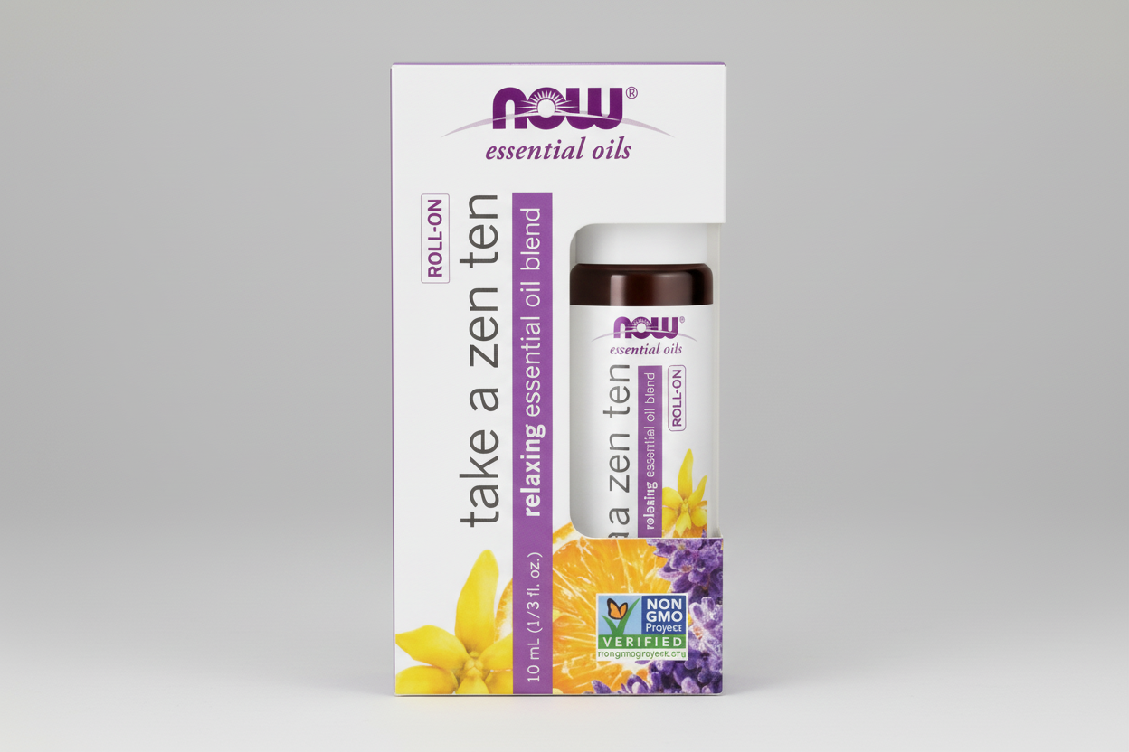 NOW essential oils packaging for 'take a zen ten' roll-on oil blend on a white background