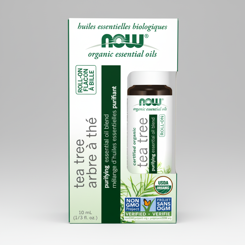 Tea tree essential oil roll-on bottle with packaging on a white background