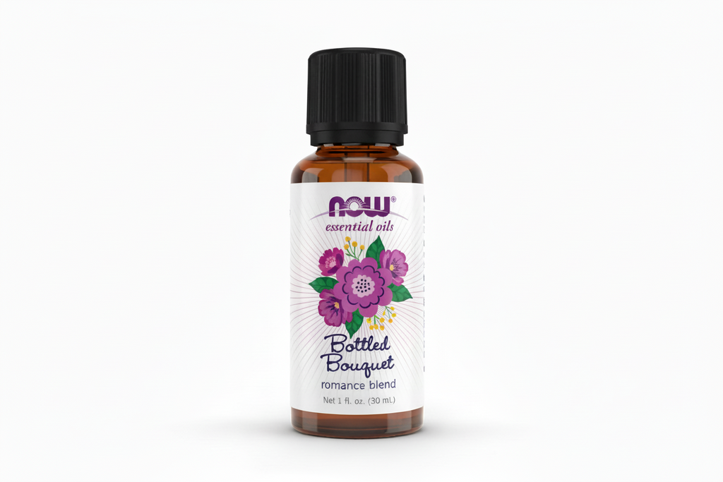 Bottle of NOW Essential Oils Bottled Bouquet romance blend on a white background