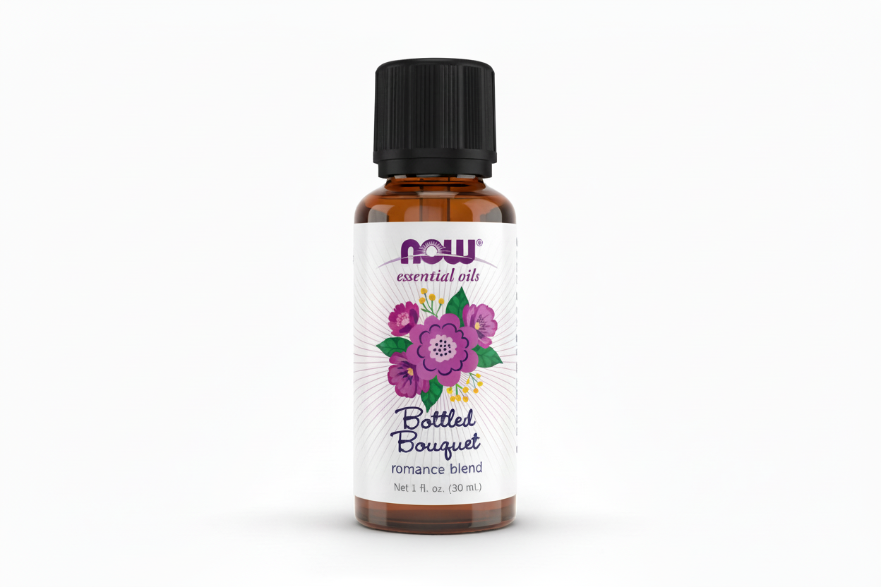 Bottle of NOW Essential Oils Bottled Bouquet romance blend on a white background
