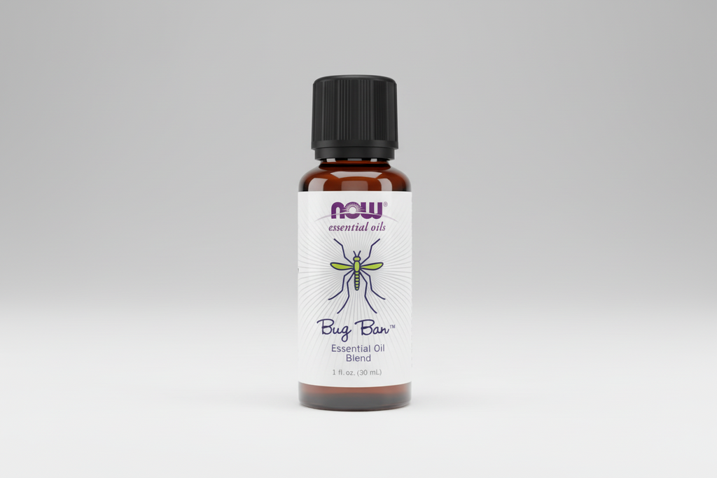 Bottle of NOW Bug Bar essential oil blend on a white background