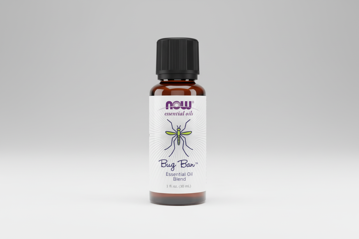 Bottle of NOW Bug Bar essential oil blend on a white background