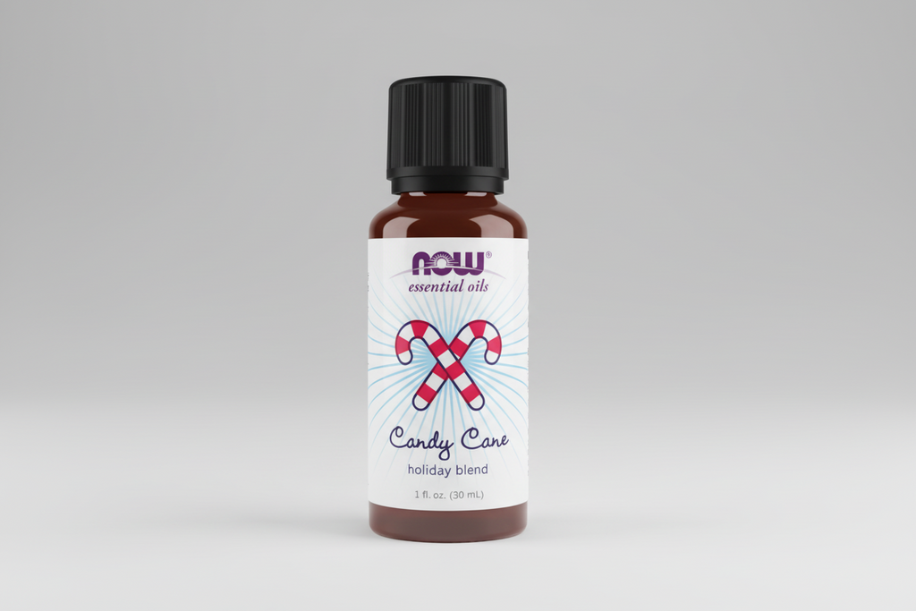 Bottle of NOW Essential Oils Candy Cane holiday blend on a white background