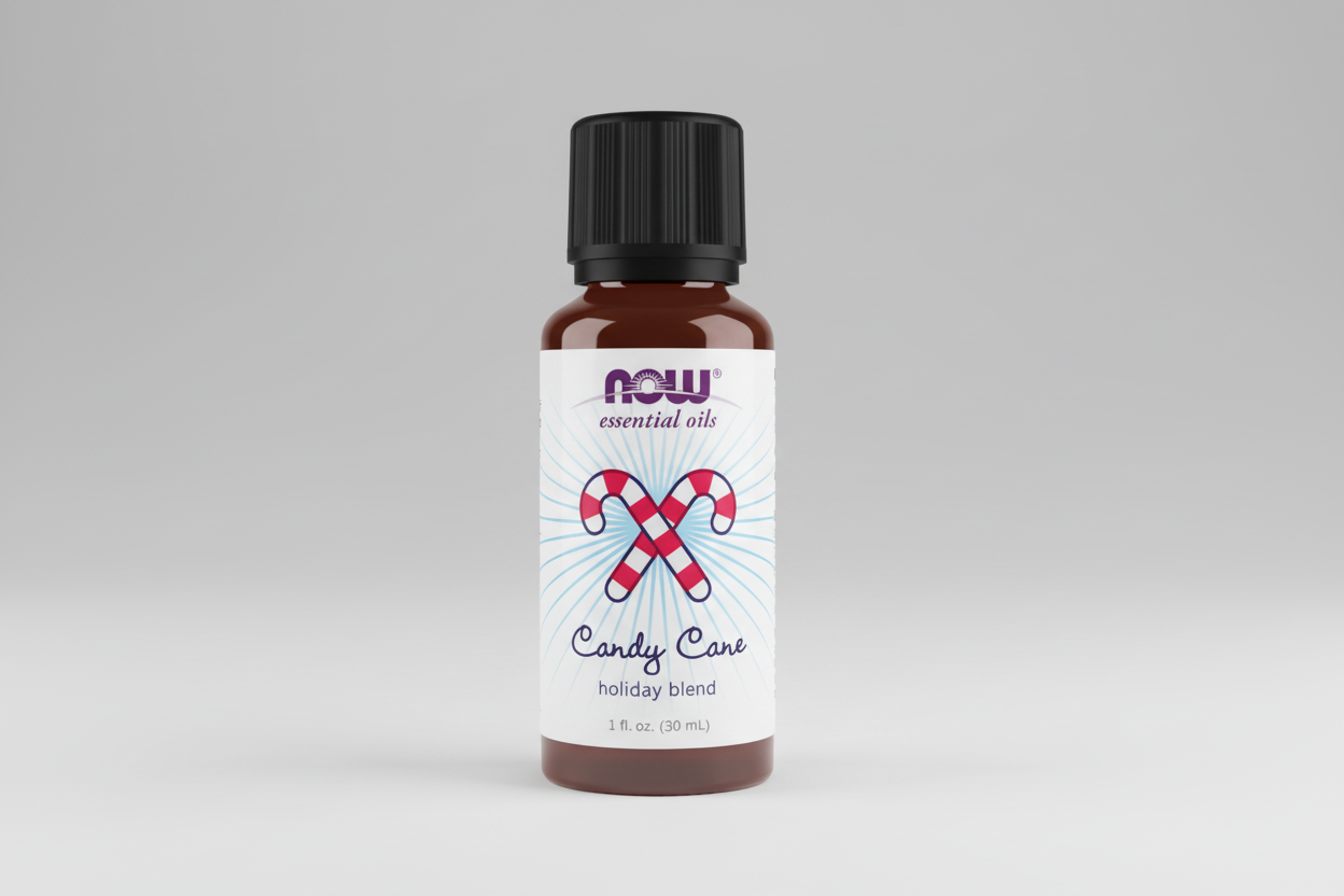 Bottle of NOW Essential Oils Candy Cane holiday blend on a white background