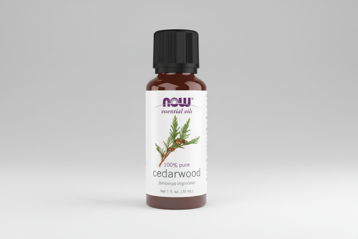 Bottle of NOW Essential Oils Cedarwood oil on a white background