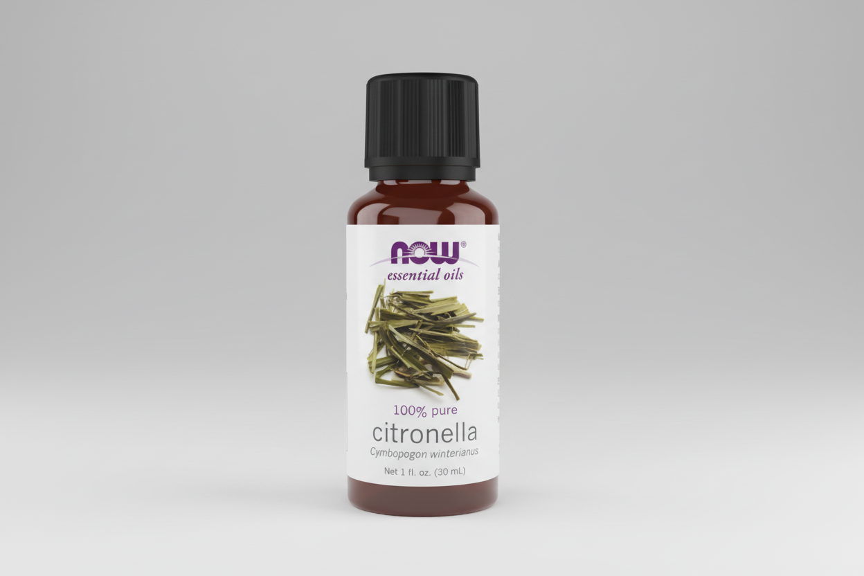 Bottle of NOW Citronella essential oil on a white background