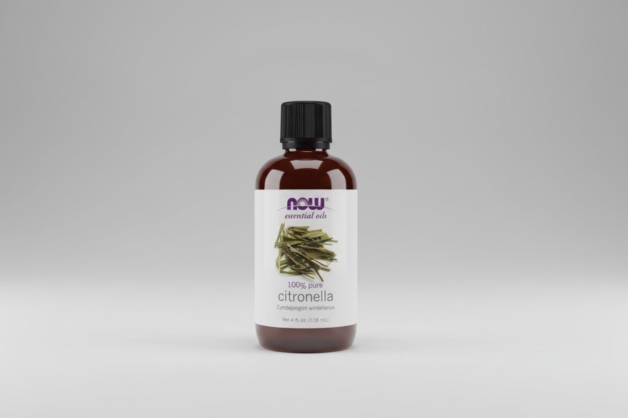 Bottle of NOW essential oils with citronella on a white background