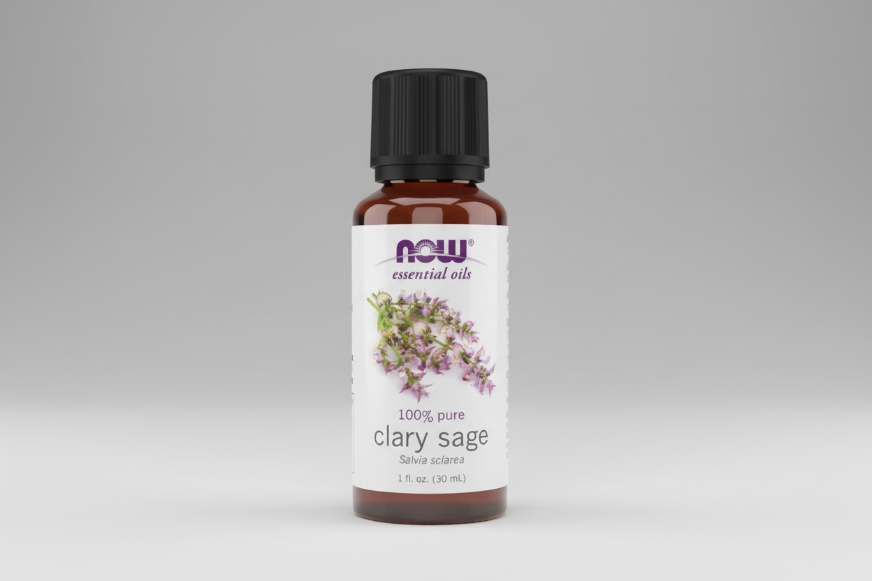 Bottle of NOW Clary Sage essential oil on a white background