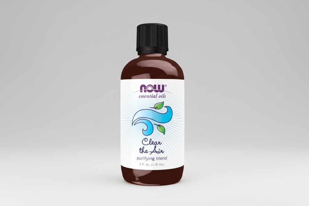 Bottle of NOW Essential Oils 'Clear the Air' on a white background
