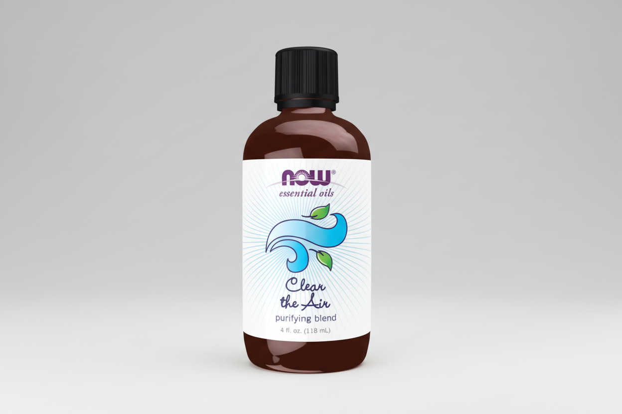 Bottle of NOW Essential Oils 'Clear the Air' on a white background