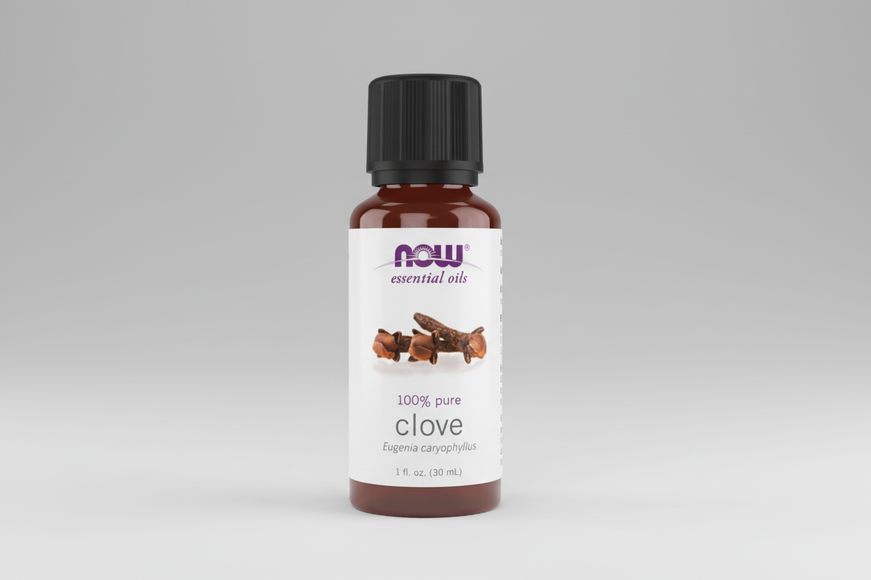 Bottle of NOW Essential Oils clove oil on a white background