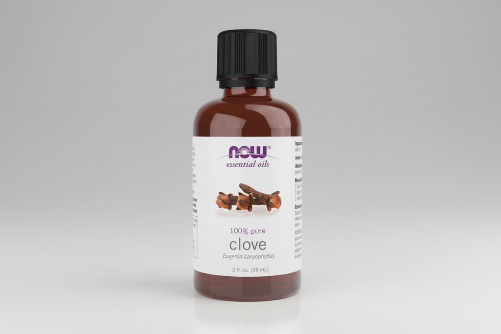 Bottle of NOW Essential Oils clove oil on a white background