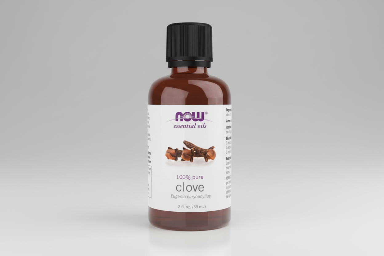 Bottle of NOW Essential Oils clove oil on a white background