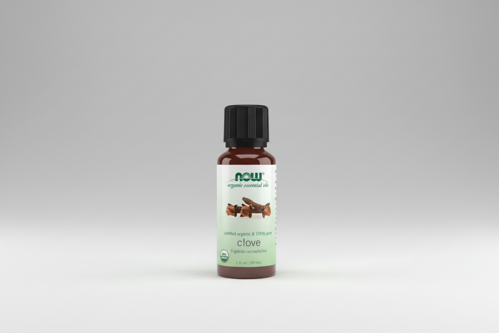 Bottle of NOW Organic Essential Oils Clove on a white background
