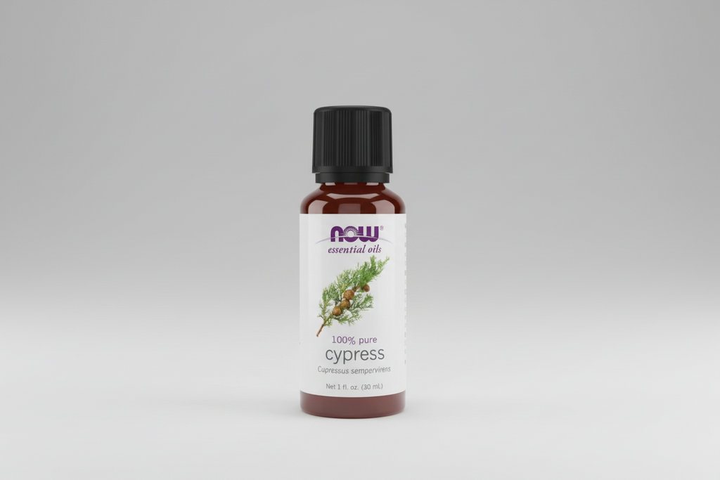 Bottle of NOW Essential Oils Cypress oil on a white background