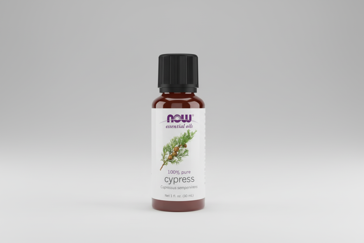 Bottle of NOW Essential Oils Cypress oil on a white background