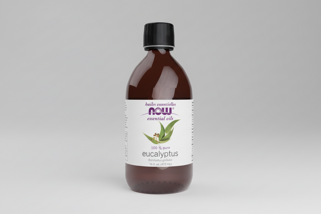 Bottle of eucalyptus essential oil with NOW brand label on a white background
