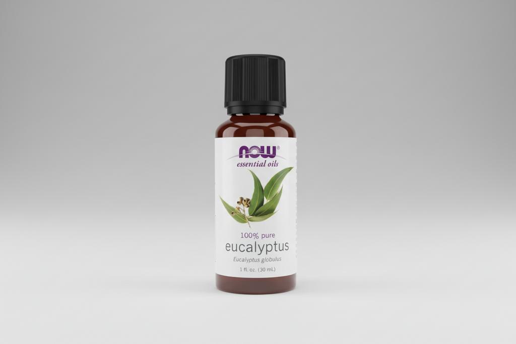 Bottle of NOW Essential Oils eucalyptus oil on a white background