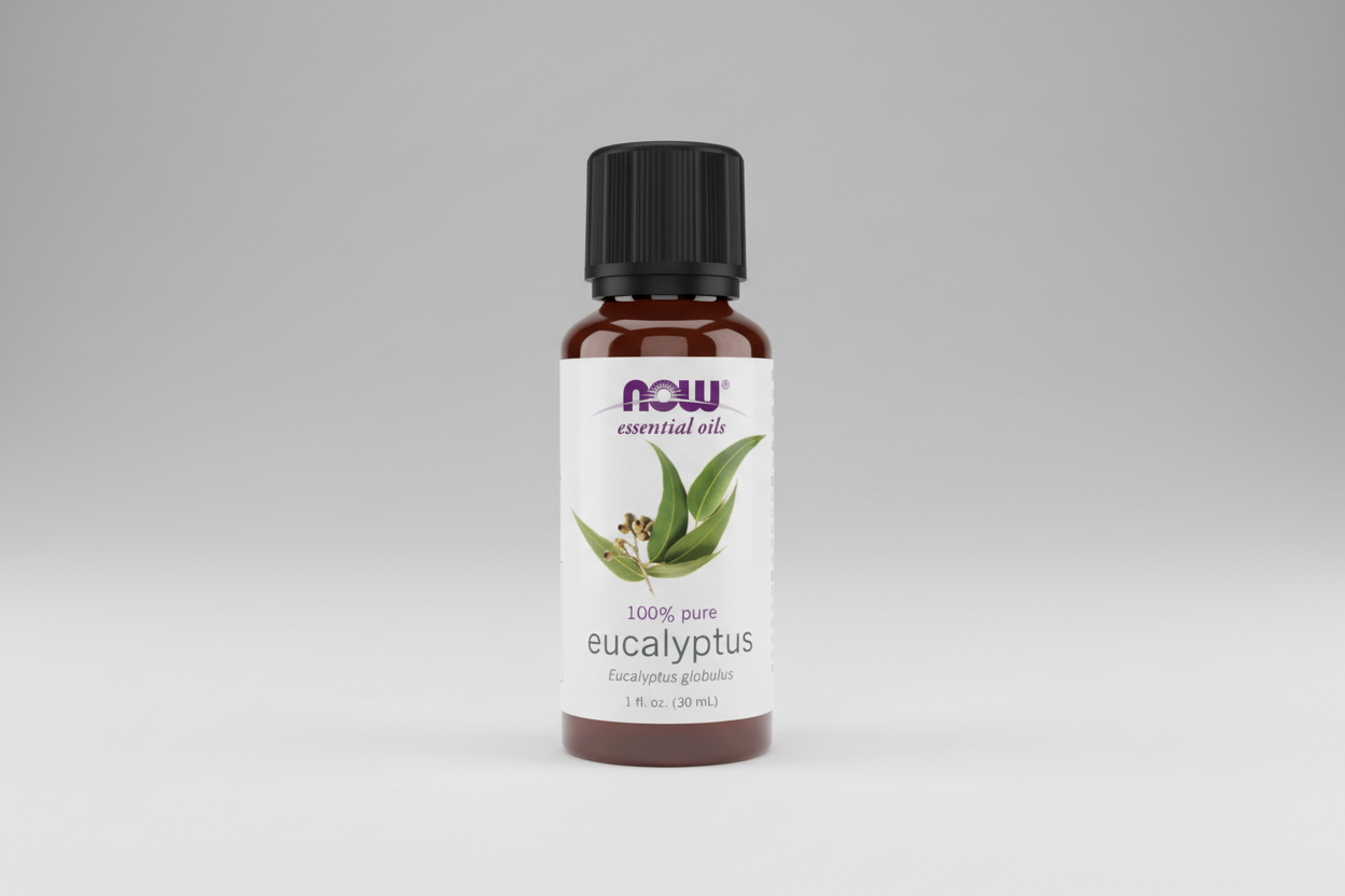 Bottle of NOW Essential Oils eucalyptus oil on a white background