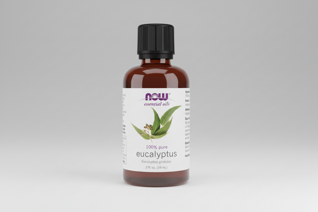 Bottle of NOW Essential Oils eucalyptus oil on a white background