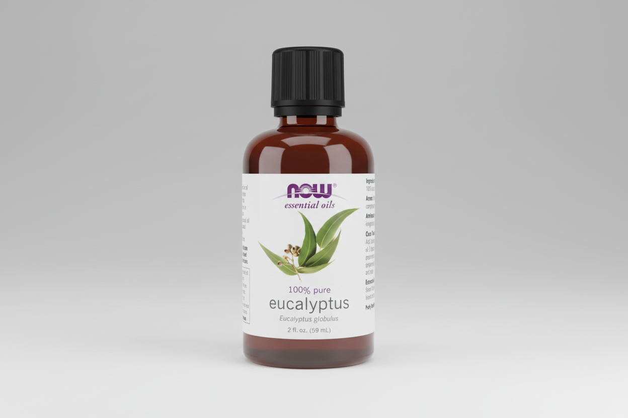 Bottle of NOW Essential Oils eucalyptus oil on a white background