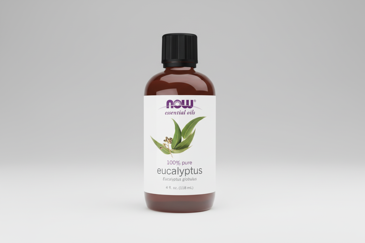 Bottle of NOW Essential Oils Eucalyptus oil on a white background