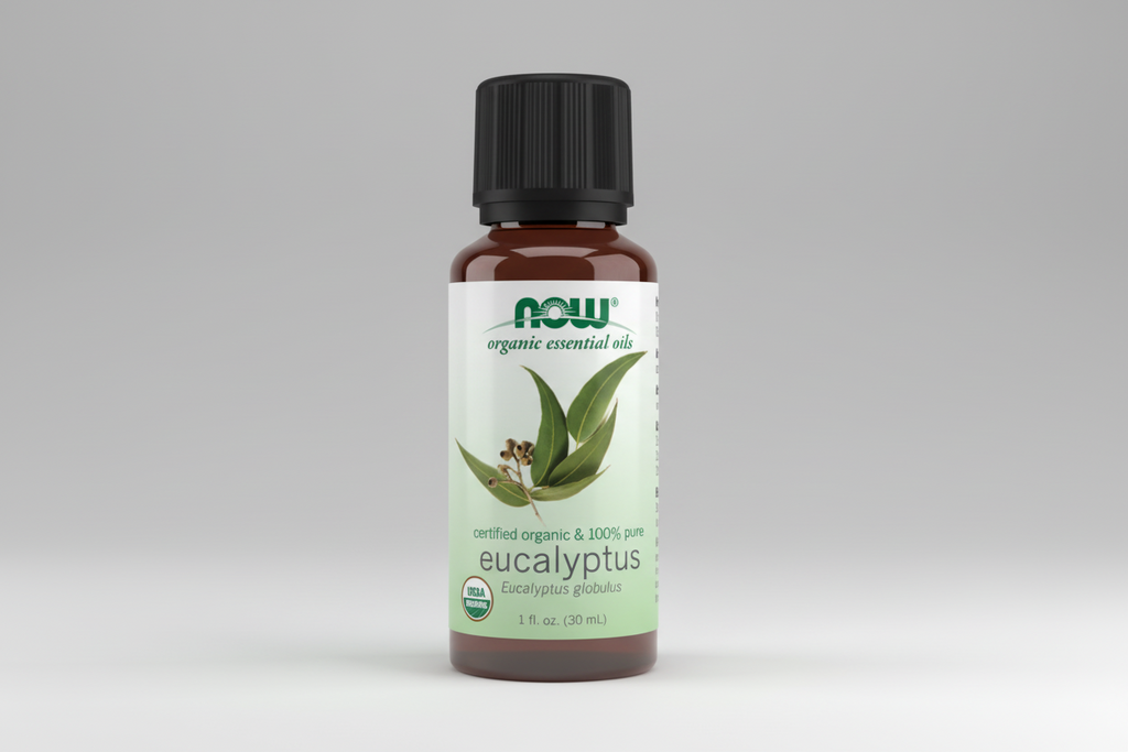 Bottle of NOW Eucalyptus essential oil on a white background