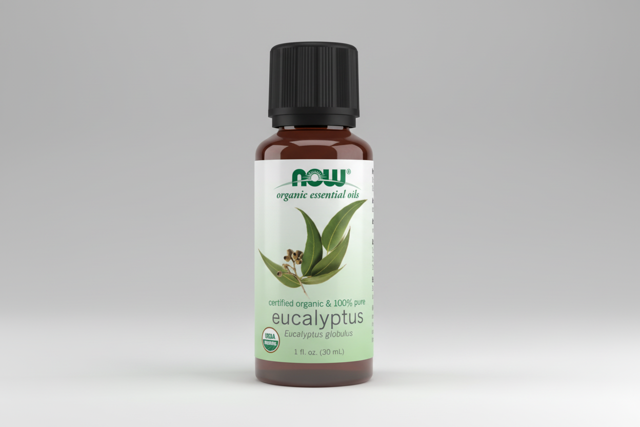 Bottle of NOW Eucalyptus essential oil on a white background
