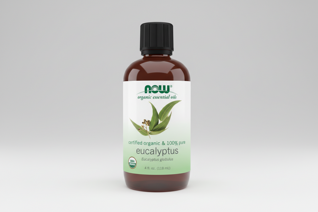Bottle of NOW Organic Essential Oils Eucalyptus on a white background