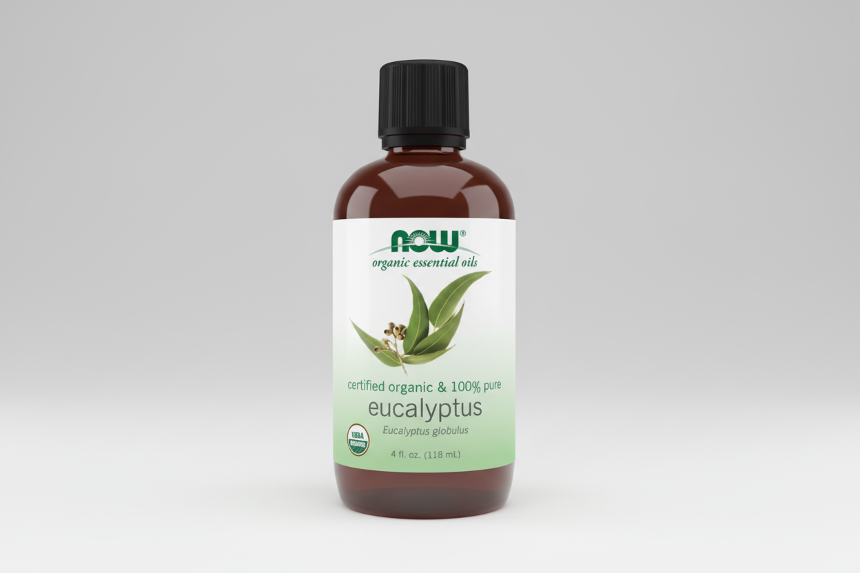 Bottle of NOW Organic Essential Oils Eucalyptus on a white background