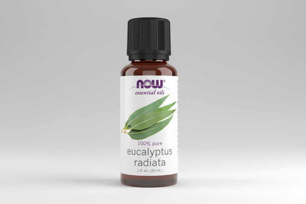 Bottle of NOW Eucalyptus radiata essential oil on a white background
