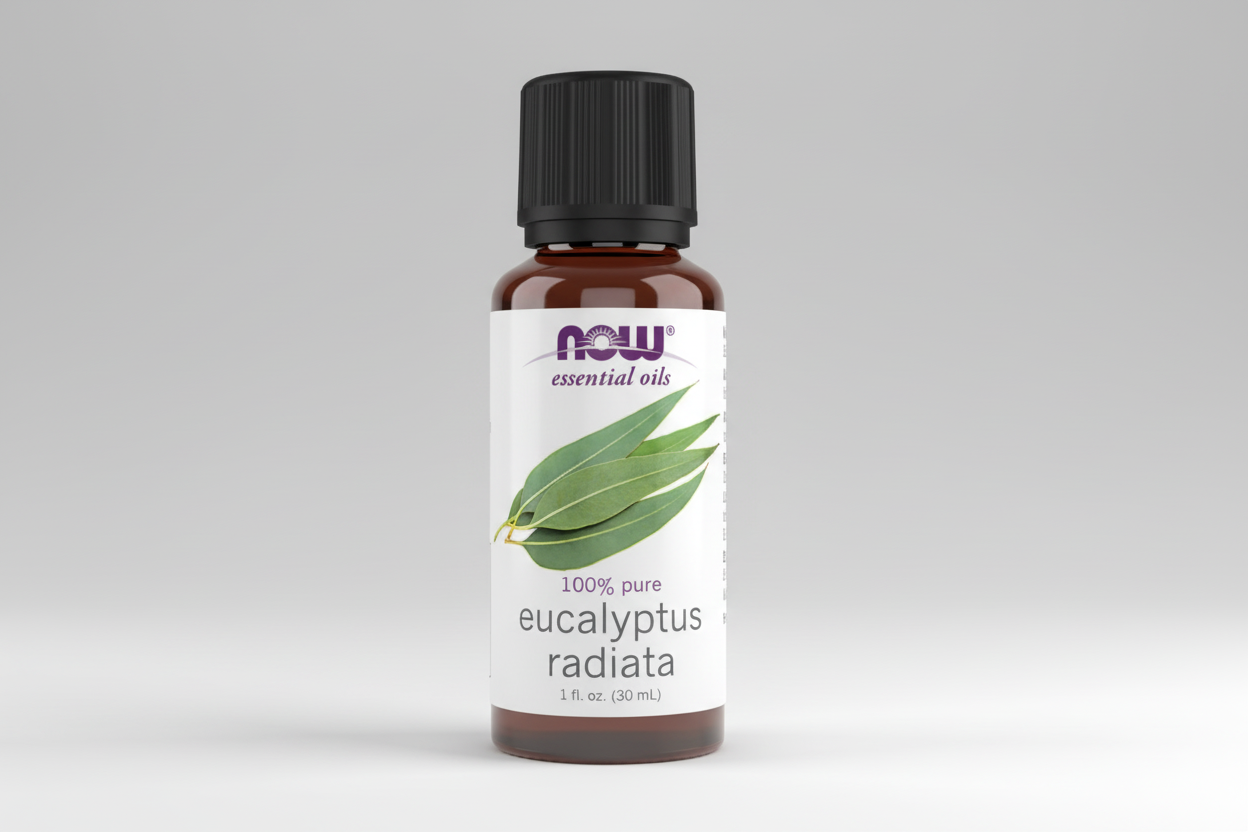 Bottle of NOW Eucalyptus radiata essential oil on a white background