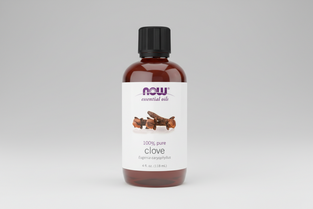 Bottle of NOW Essential Oils clove oil on a white background