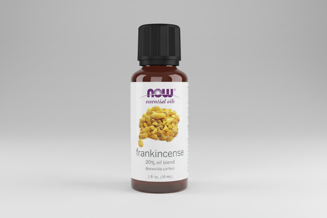 Bottle of NOW Frankincense essential oil blend on a white background
