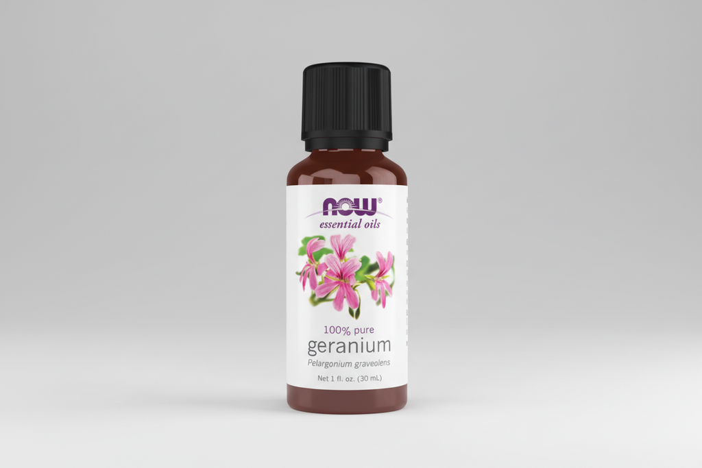Bottle of NOW Essential Oils Geranium oil on a white background