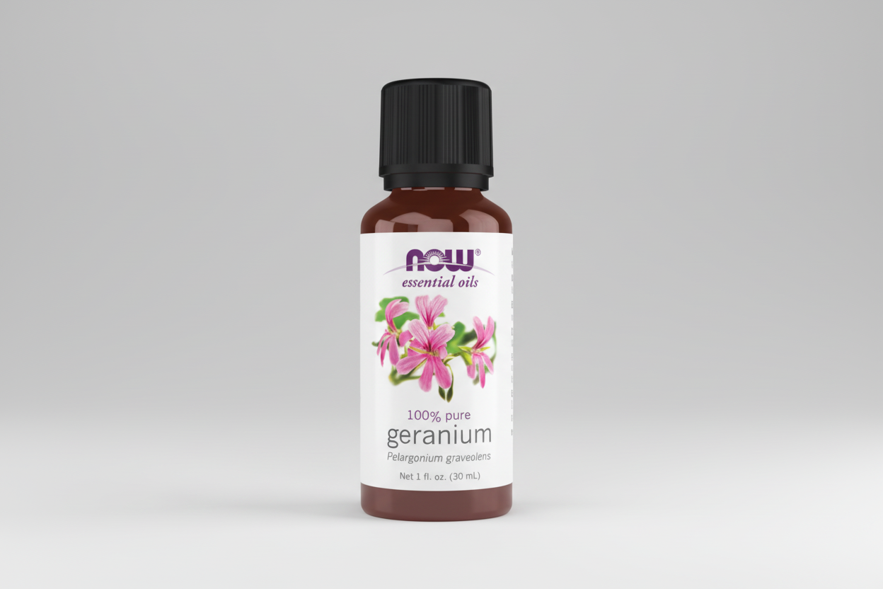 Bottle of NOW Essential Oils Geranium oil on a white background
