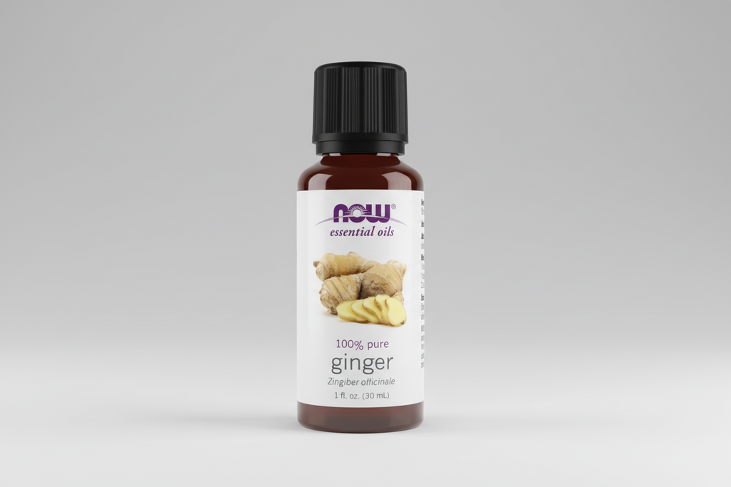 Bottle of NOW Essential Oils ginger oil on a white background