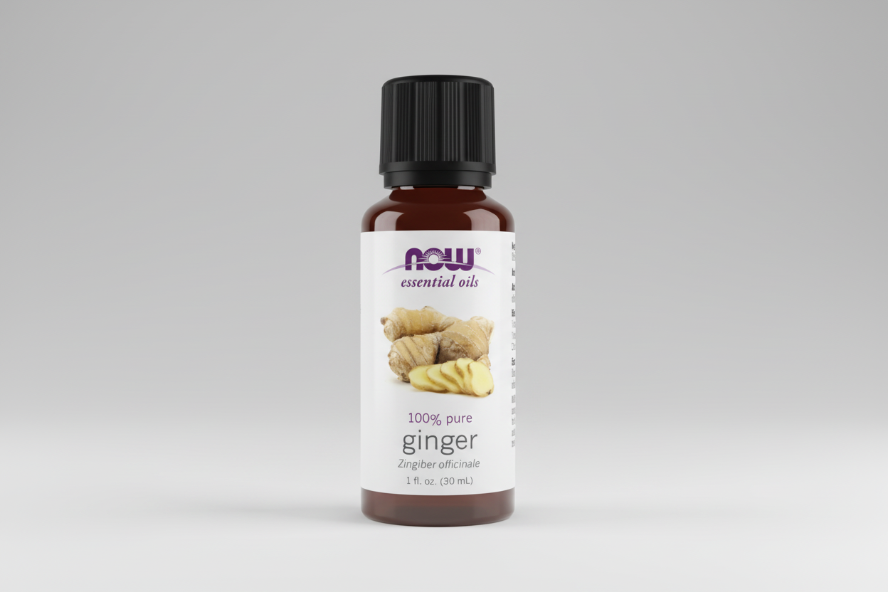 Bottle of NOW Essential Oils ginger oil on a white background
