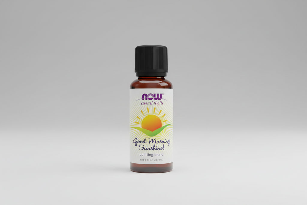 Bottle of NOW Essential Oils 'Good Morning Sunshine!' on a white background