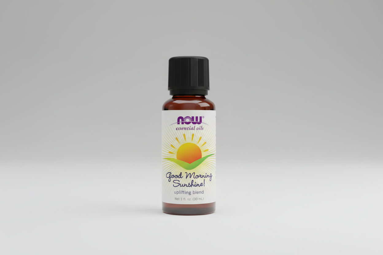 Bottle of NOW Essential Oils 'Good Morning Sunshine!' on a white background
