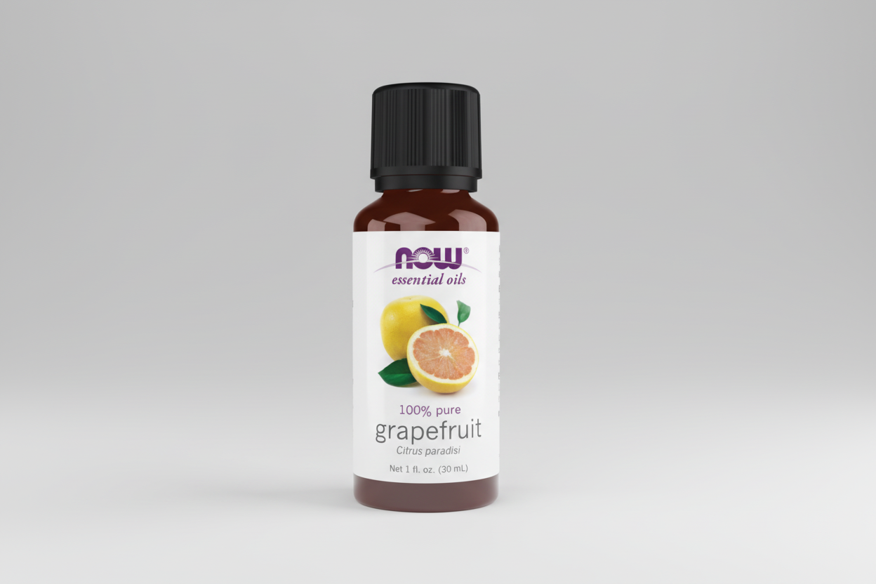 Bottle of Now Essential Oils grapefruit oil on a white background