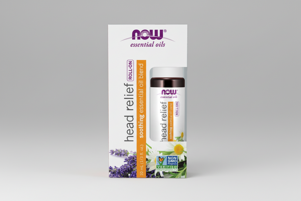 NOW Essential Oils head relief roll-on bottle packaging on a white background