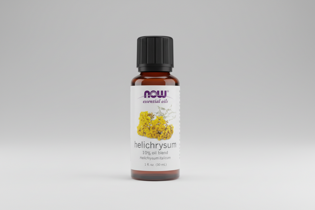 Helichrysum essential oil bottle with NOW brand on a white background