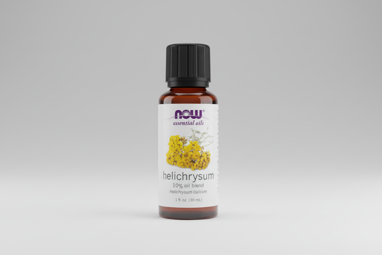 Helichrysum essential oil bottle with NOW brand on a white background
